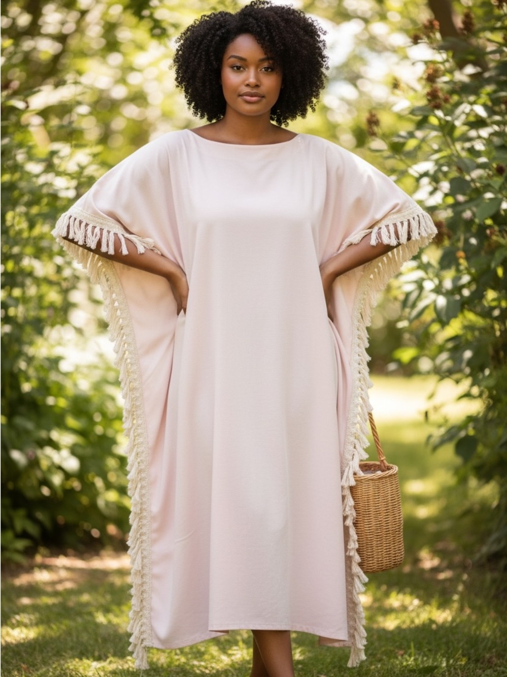Blush Pink Fringe Kaftan/Cover-Up Dress